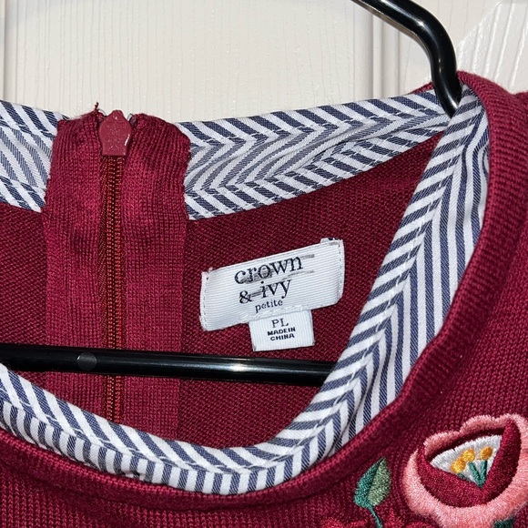 Burgundy Floral Embroidered Sweater with Striped Hem - Picture 5 of 8